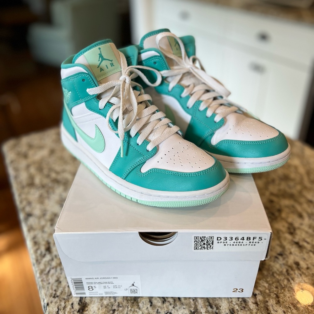 Nike women’s Air Jordan 1 Mid, washed teal/mint foam-white, size 8.5, worn 3x